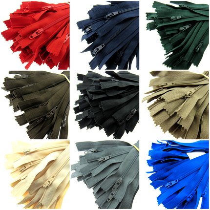 HOUSEHOLD SAMPLE ZIP MIX - 10 ASSORTED "GO TO" COLOURS - CLOSED END NYLON ZIPS - ThreadandTrimmings