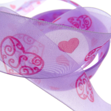 5m x 25mm Lilac Organza Ribbon with Red Love Hearts for Valentines Day - ThreadandTrimmings
