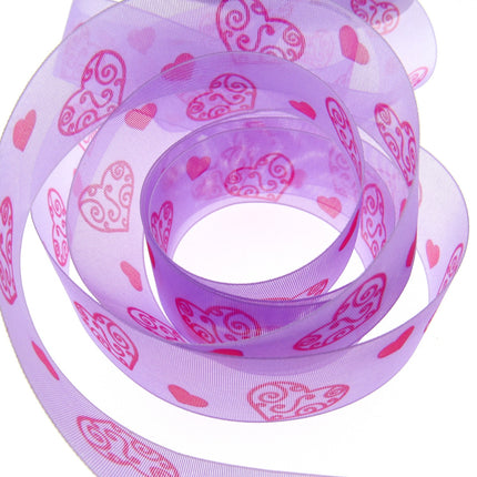 5m x 25mm Lilac Organza Ribbon with Red Love Hearts for Valentines Day - ThreadandTrimmings