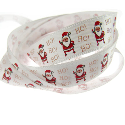 Christmas Ribbon White Satin Santa Ho Ho Ho Ribbon 15mm - 20 Meter Roll TCR0415