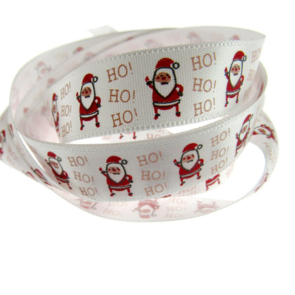 Christmas Ribbon White Satin Santa Ho Ho Ho Ribbon 15mm - 20 Meter Roll TCR0415