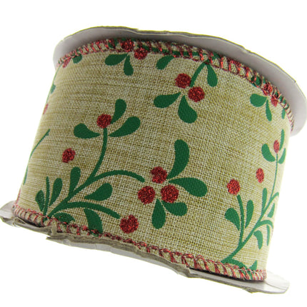 Wired Woven Edge Natural Berry & Holly Christmas Ribbon - 2m - 63mm Wide - 46093