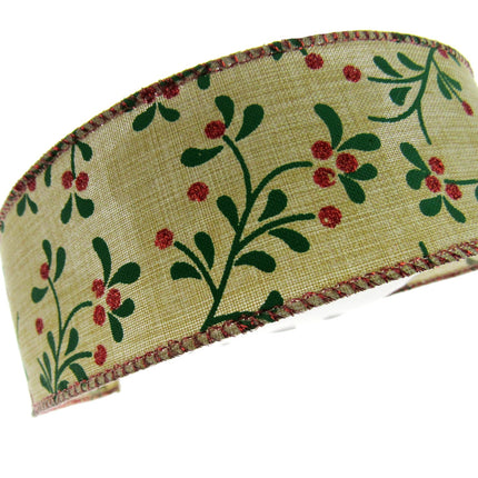 Wired Woven Edge Natural Berry & Holly Christmas Ribbon - 2m - 63mm Wide - 46093