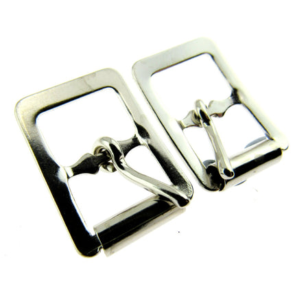 A pair of silver roller buckles suitable for shoes or belts