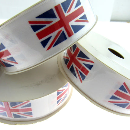 UNION JACK PRINTED on WHITE SATIN RIBBON 25mm & 38mm - ThreadandTrimmings