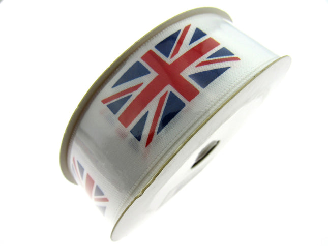 UNION JACK PRINTED on WHITE SATIN RIBBON 25mm & 38mm - ThreadandTrimmings