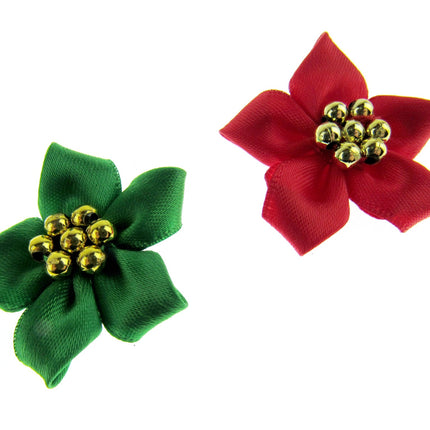 Poinsettia Bows with Metallic Gold Beads Christmas Bottle Green & Red Bows