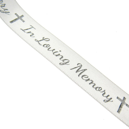 In Loving Memory Ribbon - 3m x Printed Single Sided White Satin With Cross - ThreadandTrimmings