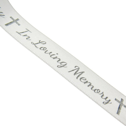 In Loving Memory Ribbon - 3m x Printed Single Sided White Satin With Cross - ThreadandTrimmings