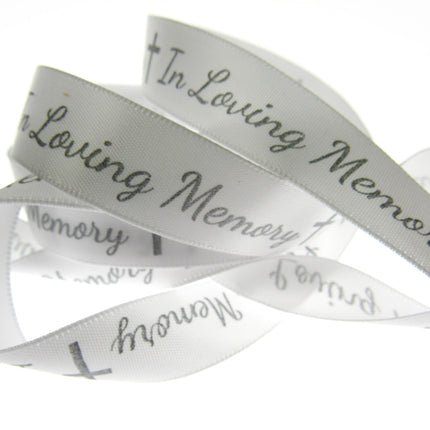 In Loving Memory Ribbon - 3m x Printed Single Sided White Satin With Cross - ThreadandTrimmings