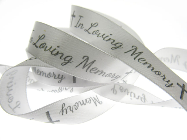 In Loving Memory Ribbon - 3m x Printed Single Sided White Satin With Cross - ThreadandTrimmings