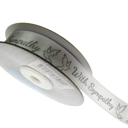 With Sympathy Ribbon - 3m Printed Single Sided White Satin Ribbon With Doves
