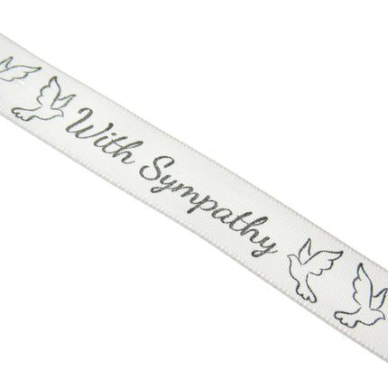 With Sympathy Ribbon - 3m Printed Single Sided White Satin Ribbon With Doves