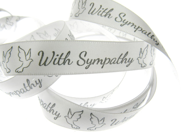 With Sympathy Ribbon - 3m Printed Single Sided White Satin Ribbon With Doves