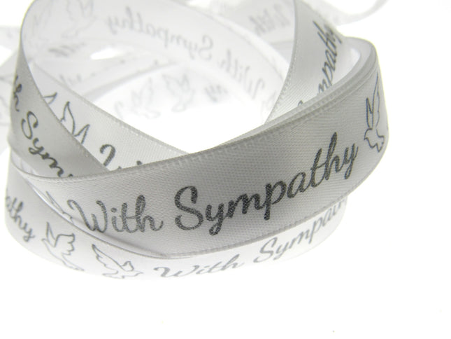 With Sympathy Ribbon - 3m Printed Single Sided White Satin Ribbon With Doves
