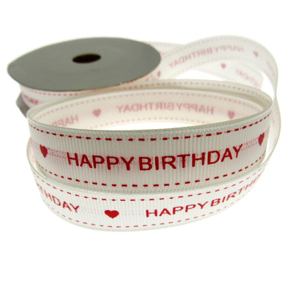 Happy Birthday Ribbon 16mm 10m Roll Cream Grosgrain with Red Text and Heart