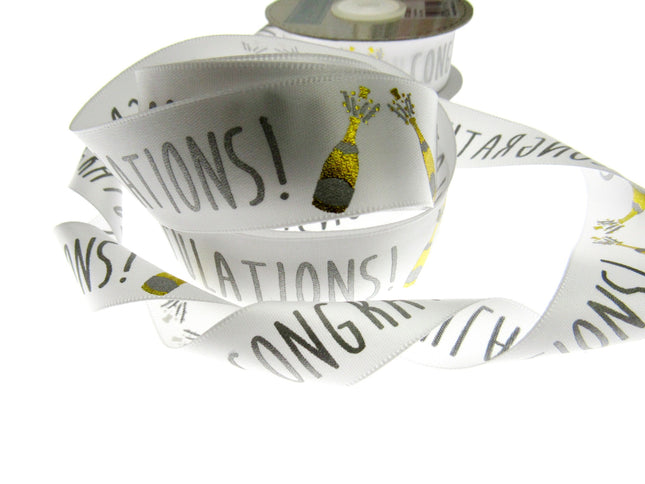 White Satin Congratulations Ribbon With Gold Lurex Champagne Bottle 25mm Wide