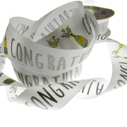 White Satin Congratulations Ribbon With Gold Lurex Champagne Bottle 25mm Wide