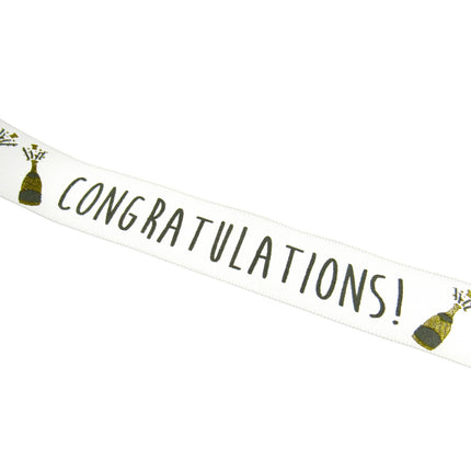White Satin Congratulations Ribbon With Gold Lurex Champagne Bottle 25mm Wide
