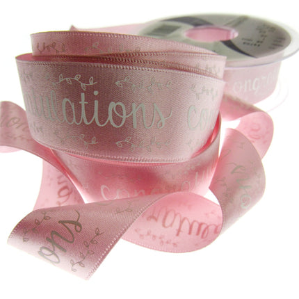 Baby Pink Satin Congratulations Ribbon 25mm x 3m – Berisfords Laurel Vine Edge