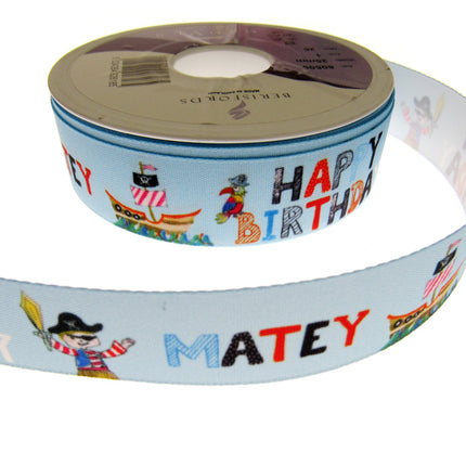 Happy Birthday Matey  Ribbon by Berisfords - 25mm Wide - 3 Meter Lengths Pirates - ThreadandTrimmings