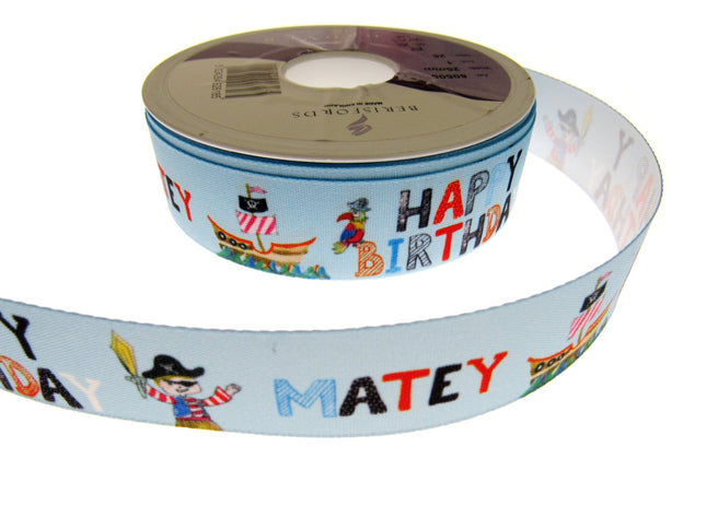 Happy Birthday Matey  Ribbon by Berisfords - 25mm Wide - 3 Meter Lengths Pirates - ThreadandTrimmings