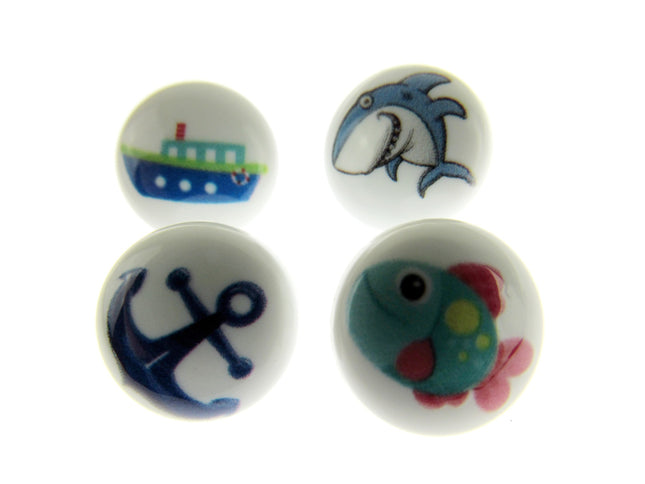 Round Seaside Buttons Fish Ship Shark Anchor Childrens Buttons On White Shank - ThreadandTrimmings