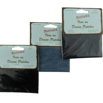 Iron On Denim Patches x 2 - (1 pair)  - 13cm x 10cm - Black, Light or Dark Denim - ThreadandTrimmings