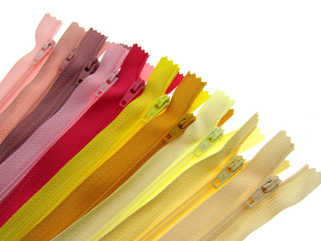 Nylon Closed End Zips - Rhubarb & Custard Sample Mix - 10 Pack -10 Sizes 6"- 22"