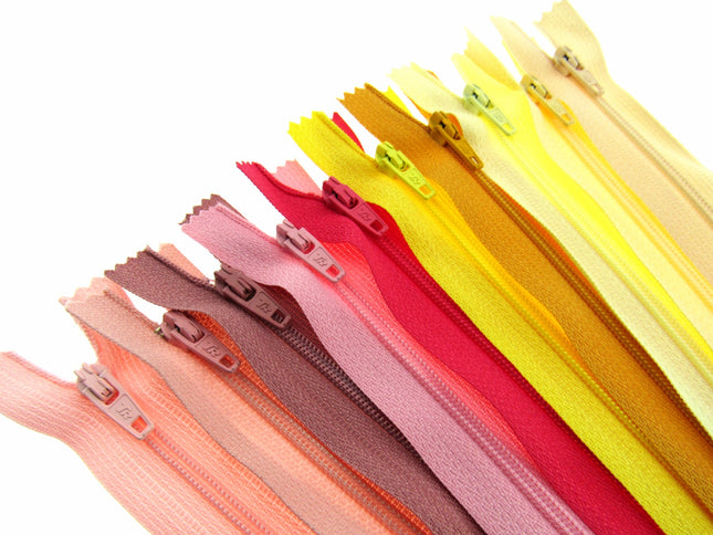 Nylon Closed End Zips - Rhubarb & Custard Sample Mix - 10 Pack -10 Sizes 6"- 22"