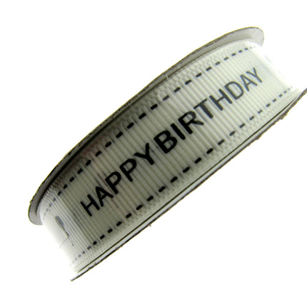 Happy Birthday Ribbon 16mm 10m Roll Ivory Grosgrain with Black Text and Balloon - ThreadandTrimmings