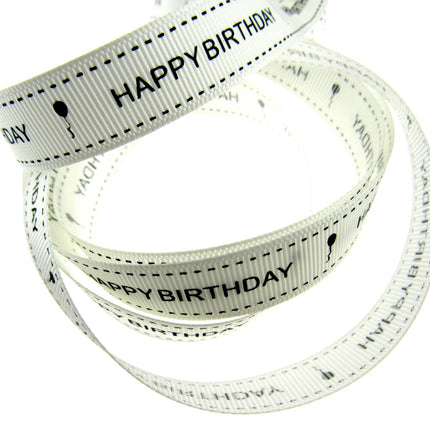 Happy Birthday Ribbon 16mm 10m Roll Ivory Grosgrain with Black Text and Balloon - ThreadandTrimmings