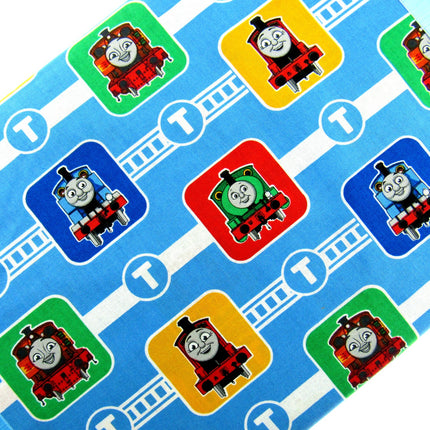 Blue Cotton Fabric with Thomas & Friends Train Character Blocks Printed Fabric - ThreadandTrimmings