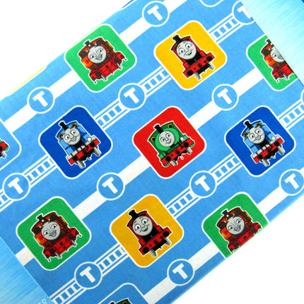 Blue Cotton Fabric with Thomas & Friends Train Character Blocks Printed Fabric - ThreadandTrimmings