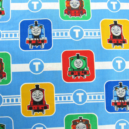 Blue Cotton Fabric with Thomas & Friends Train Character Blocks Printed Fabric - ThreadandTrimmings
