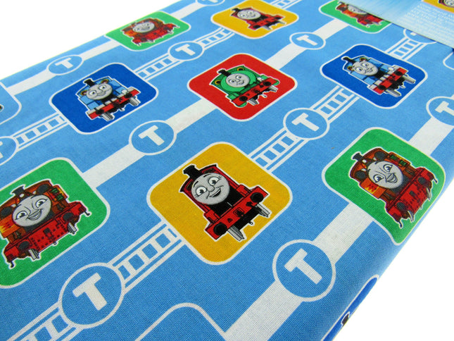 Blue Cotton Fabric with Thomas & Friends Train Character Blocks Printed Fabric - ThreadandTrimmings