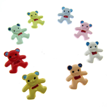 A selection of bright hand painted teddy bear buttons on a white background