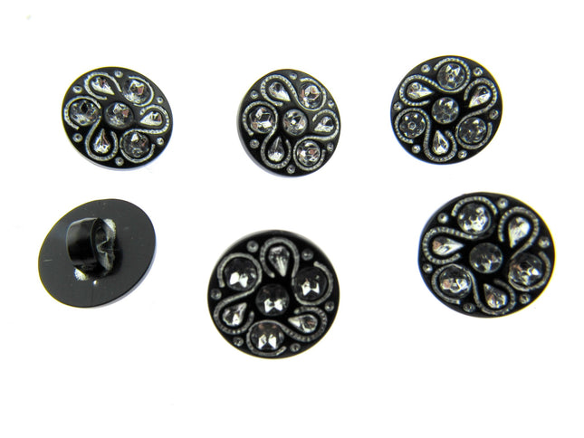 Black Round Diamante Button Flower Shank Button 15mm/18mm/20mm - CX7 - ThreadandTrimmings