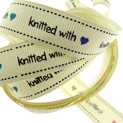 Bertie's Ivory "Knitted With Love Heart" - 16mm Wide - Grosgrain - BTB013