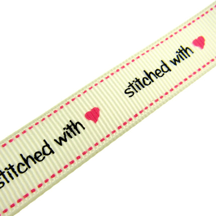 Bertie's Ivory "Stitched with Love" - 16mm Wide - Grosgrain - BTB014 - ThreadandTrimmings