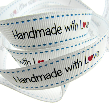Bertie's White "Hand Made With Love" Ribbon - 16mm Wide - Grosgrain - BTB149