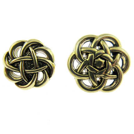 A pair of antique gold open filigree buttons with shank, displaying a geometric pattern, commonly used in clothing for fastening or decorative purposes.