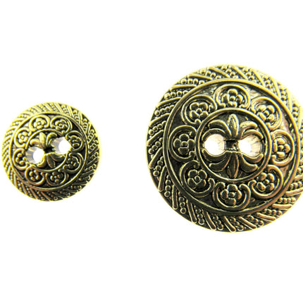 Two oriental style sew though hole buttons in gold on a white background