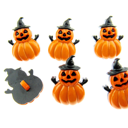 A set of six orange and black Halloween-patterned buttons with pumpkin and witch silhouettes.