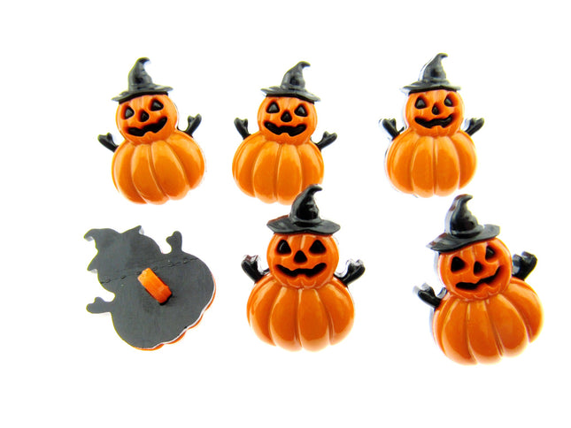A set of six orange and black Halloween-patterned buttons with pumpkin and witch silhouettes.