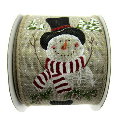 Wired Ivory Jute Christmas Ribbon with Jolly Snowman & Pine Trees & Cones 46061