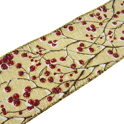 Wired Lurex Edge Christmas Ribbon with Snow Covered Holly Berries x 2m - 46039