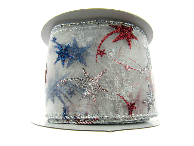 White Wired Lurex Edge Sheer Christmas Ribbon with Shooting Stars - 2m - 46057