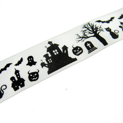 3m x White Halloween Ribbon with Haunted House, Witches & Tombstone 25mm  55084