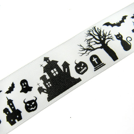3m x White Halloween Ribbon with Haunted House, Witches & Tombstone 25mm  55084